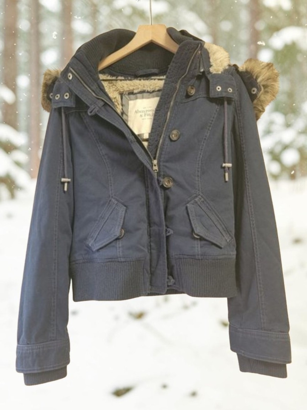 Abercrombie & Fitch Hooded Bomber Jacket with Faux-Fur Trim & Interior Lining